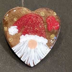 Heart shaped Christmas pin with Christmas gnome on wood handcrafted new